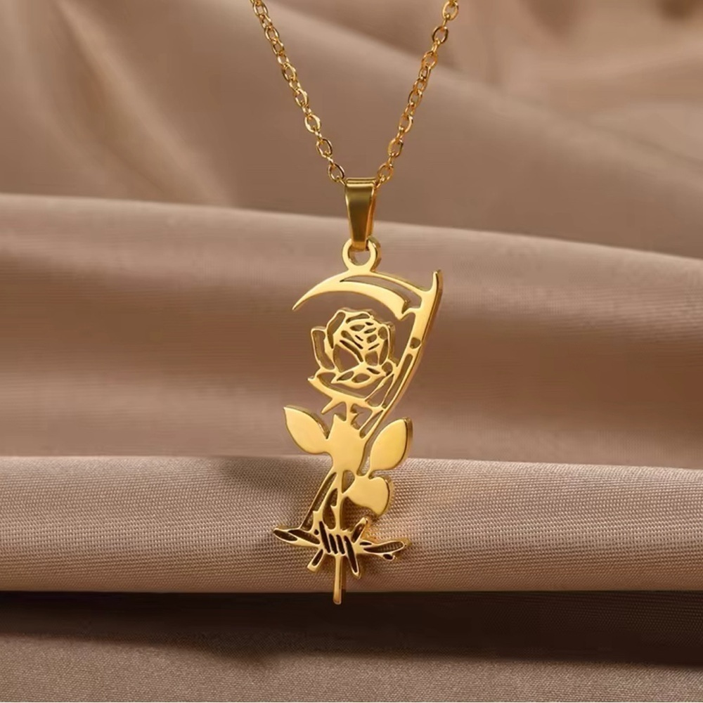18K Gold Rose & Reapers Scythe Pendant Necklace Witch Biker Goth Punk